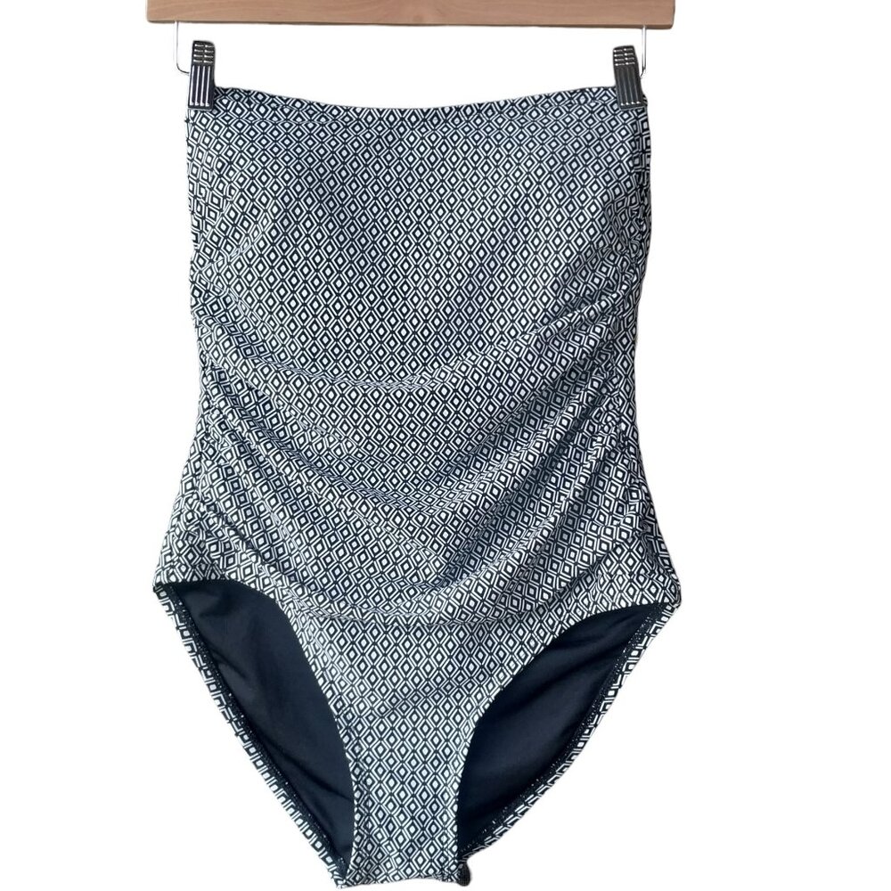DKNY One Piece Strapless Swimsuit Diamond Pattern Black & White M